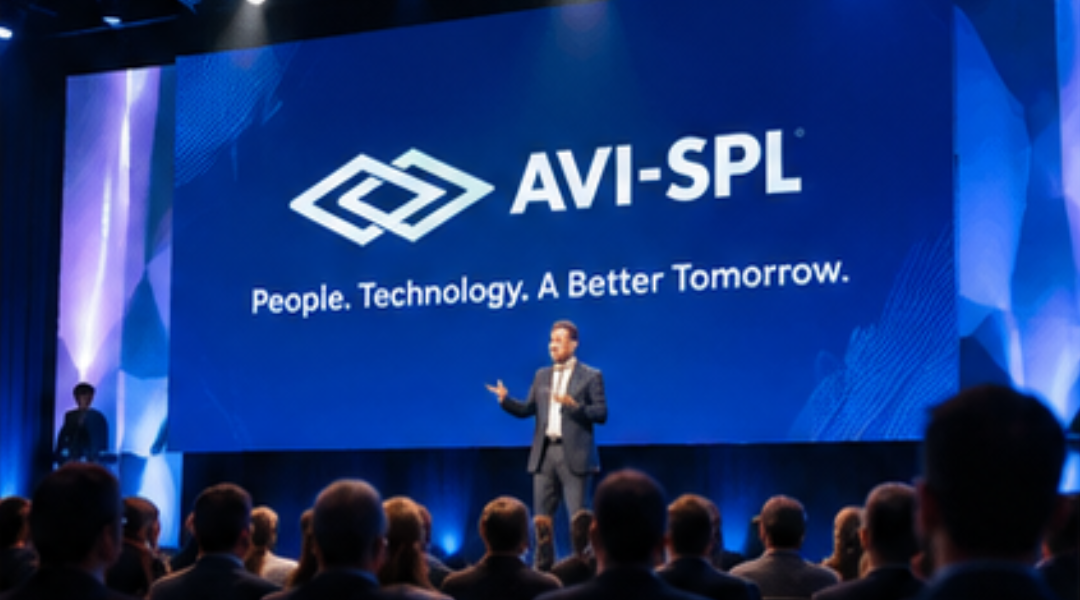 AI-generated event scene using AVI-SPL branding